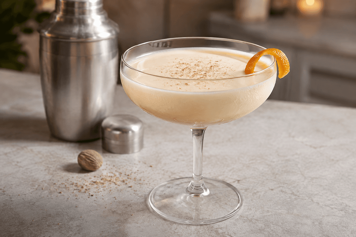 Gin Alexander i coupeglas med appelsinskal og et fint drys frisk muskatnød