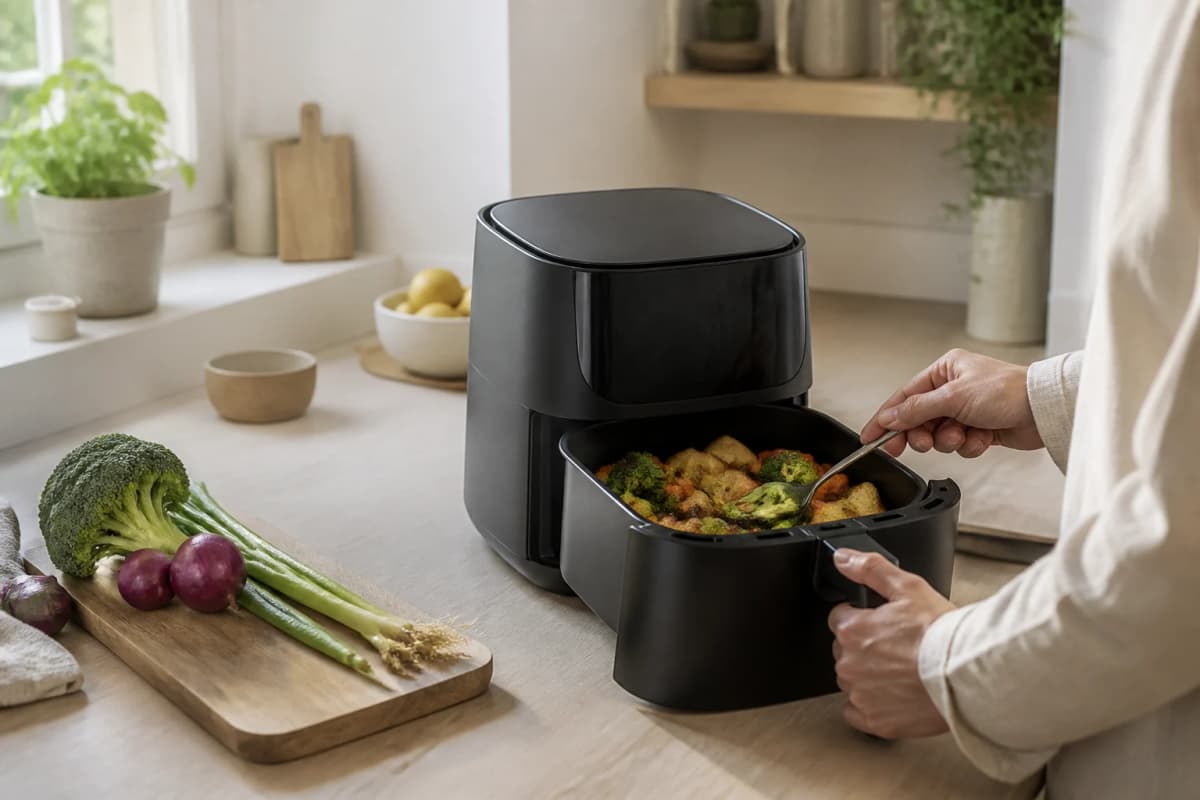 Airfryer-guide i et lyst dansk hverdagskøkken