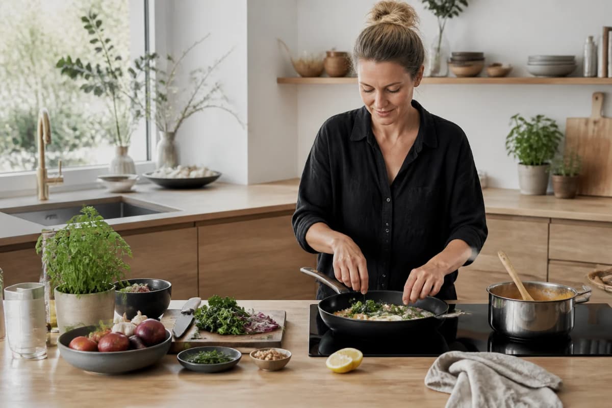 Madlavning-guide i et lyst dansk hverdagskøkken
