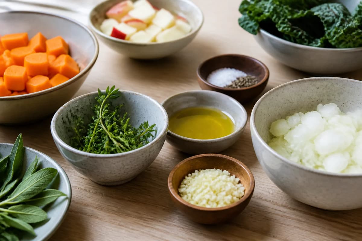 Mise en place uden overforberedelse – redaktionel illustration til madlavning-guide