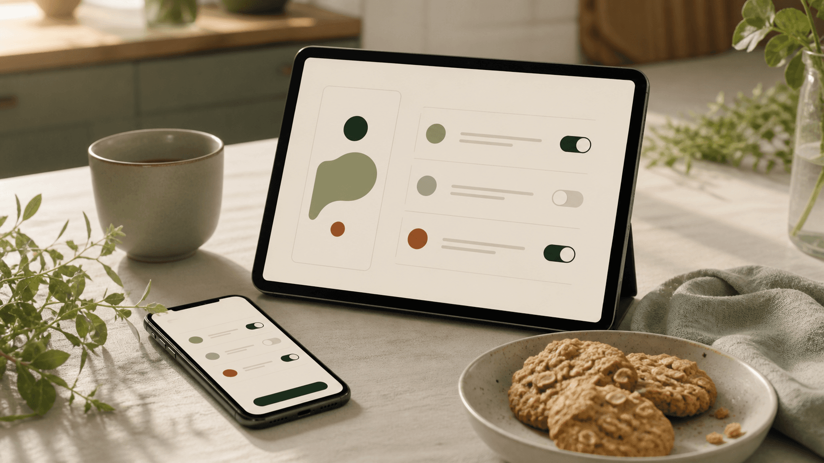 Tablet og telefon med granulære cookie- og analysevalg ved et køkkenbord