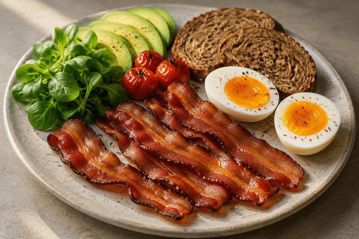 Sprødt bacon fra airfryer med halverede smilende æg, rugbrød, avocado, tomater og feldsalat