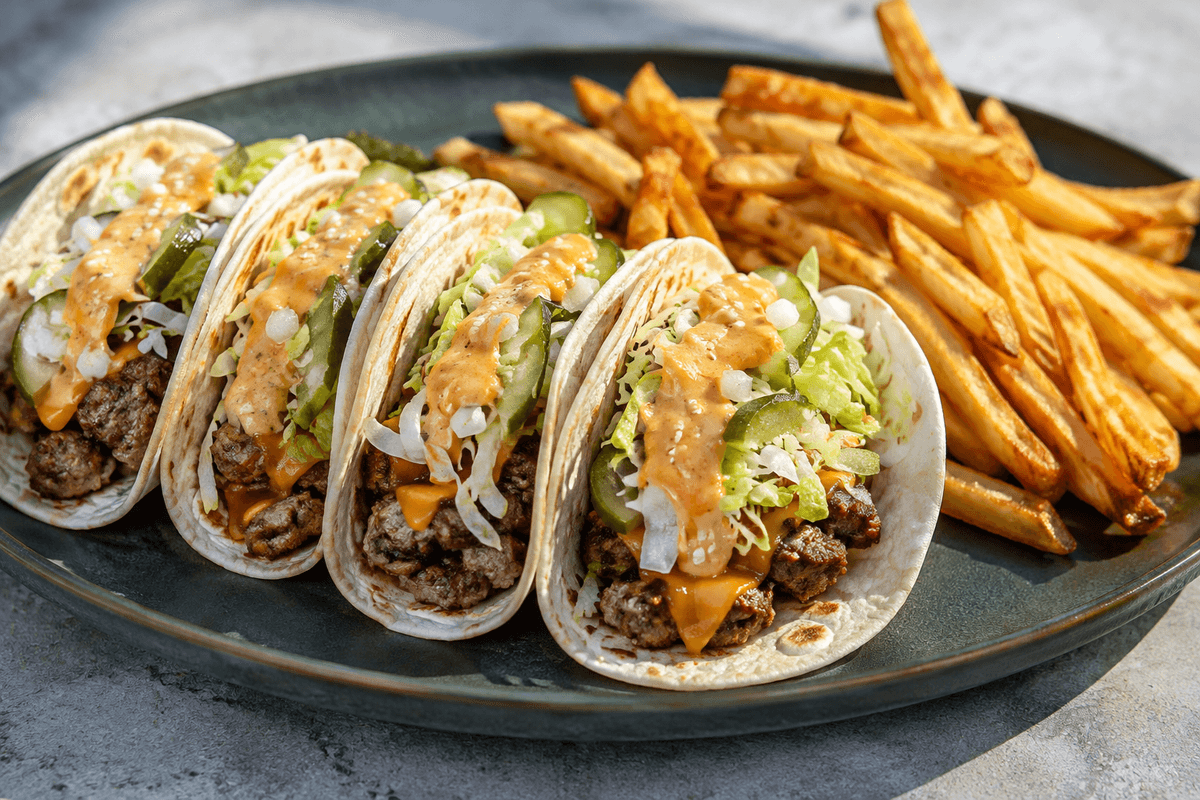 Big Mac tacos med oksekød, cheddar, kål, picklesauce og sprøde ovnfritter