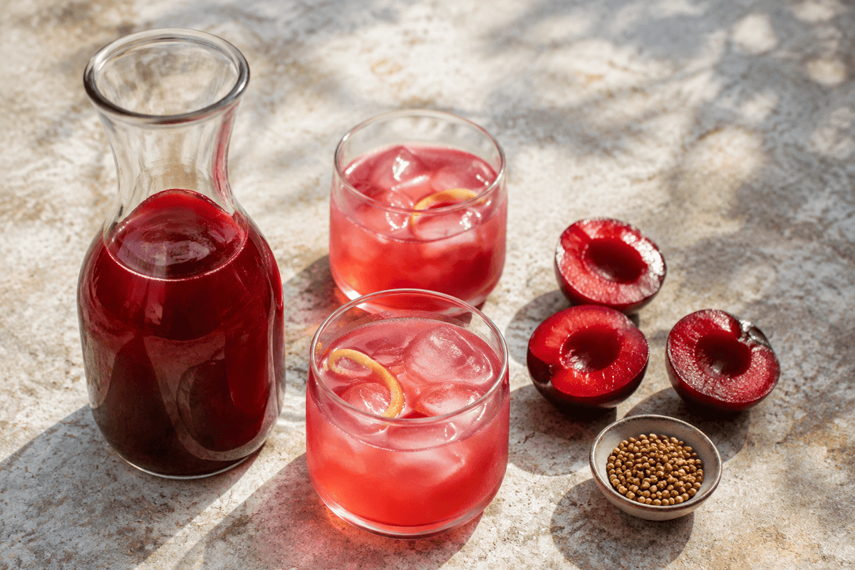 Rubinrød blommesaft med citron og ristede korianderfrø i karaffel og to glas