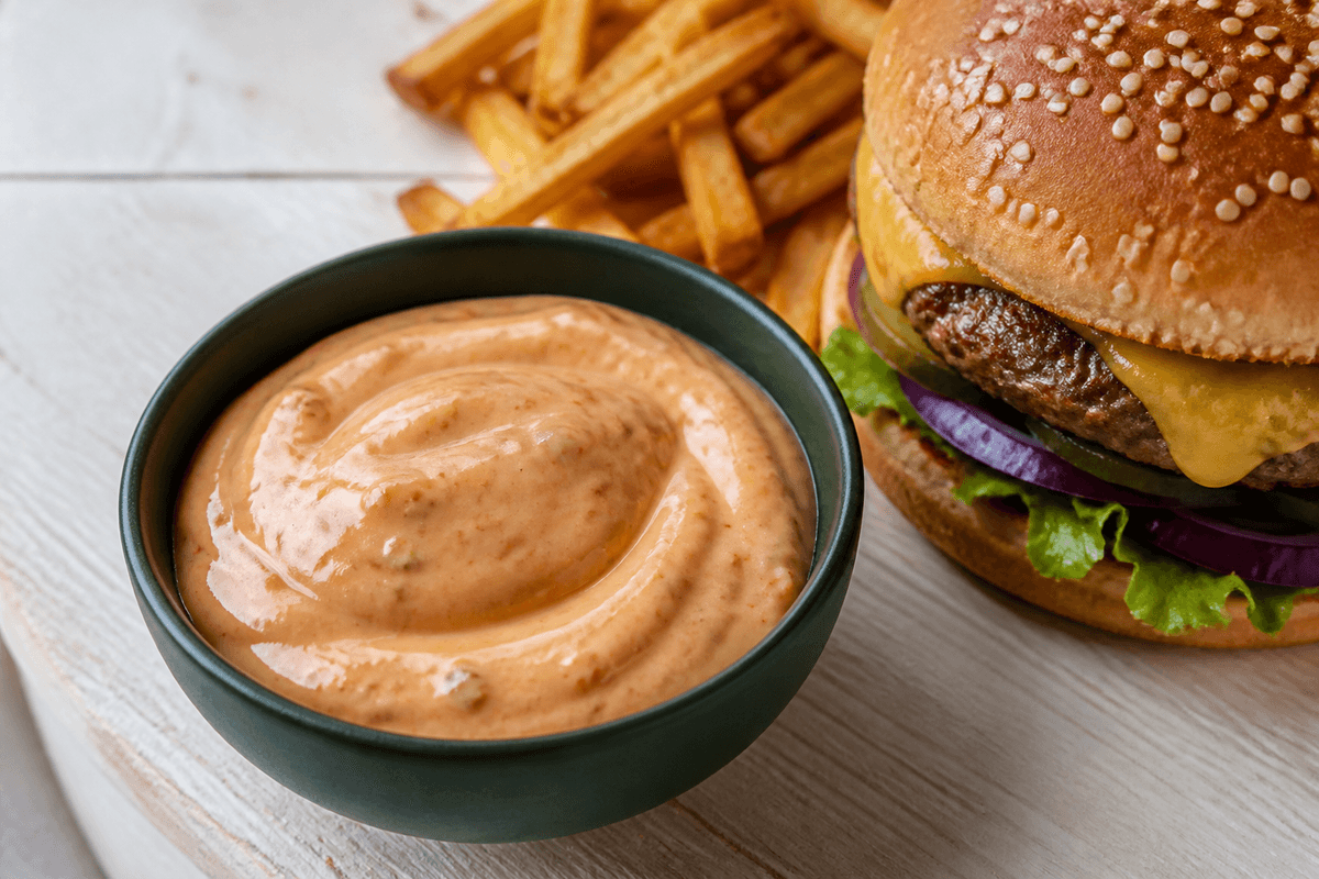 Burgerdressing med ristet peber og cornichoner ved cheeseburger og ovnfritter