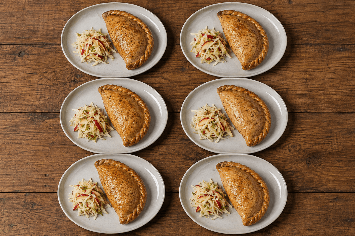 Seks Cornish pasties med oksekød, kålroe, rugdej og æble-kålsalat