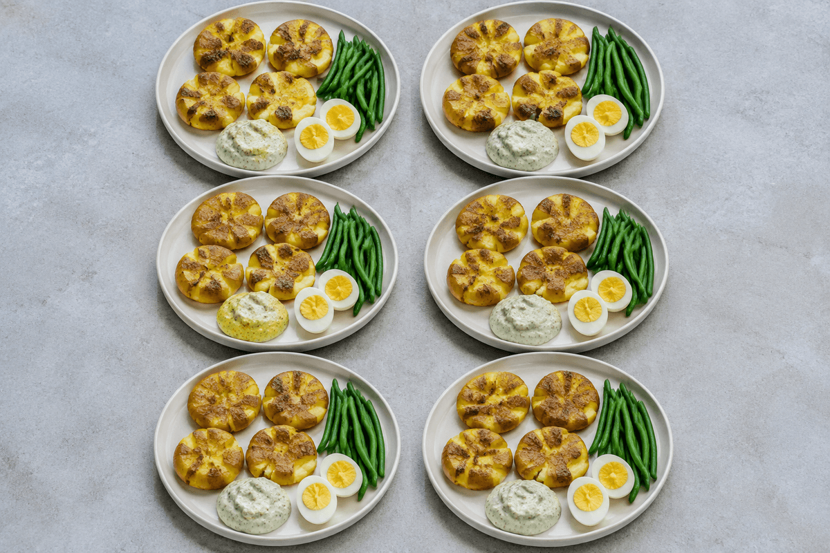 Seks tallerkener med fire knuste kartofler, bønner, æg og dildmayonnaise