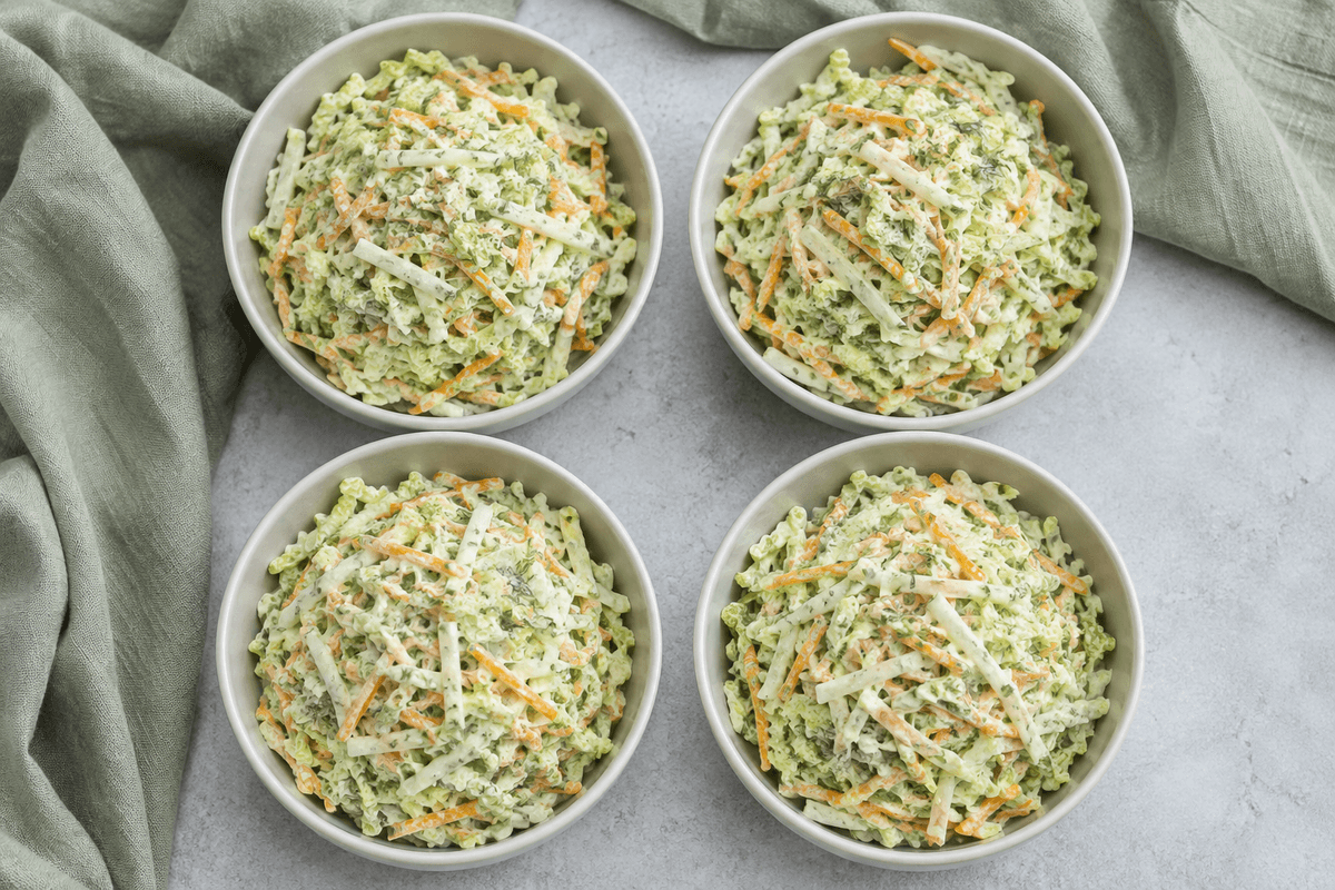 Fire skåle coleslaw med cremet kærnemælksdressing, peberrod og dild