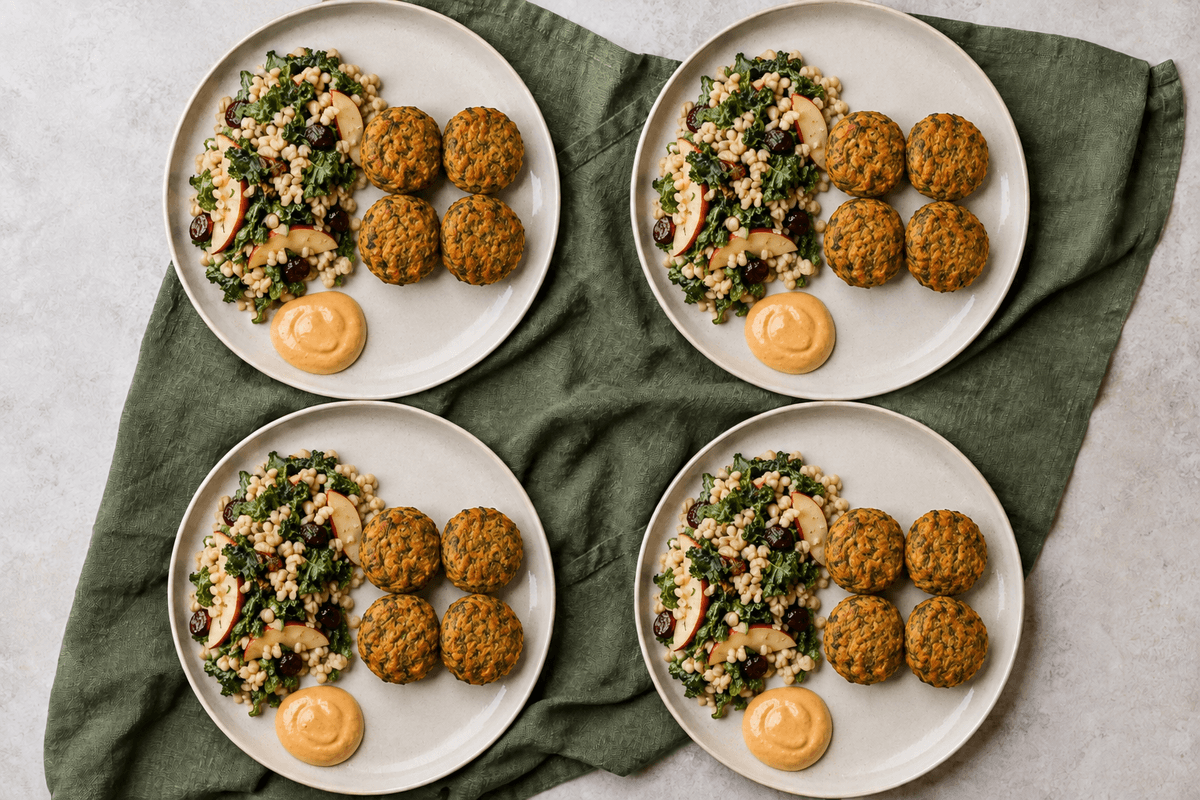 Fire tallerkener med fire gulerod-dild-falafler, perlebygssalat og appelsin-tahin