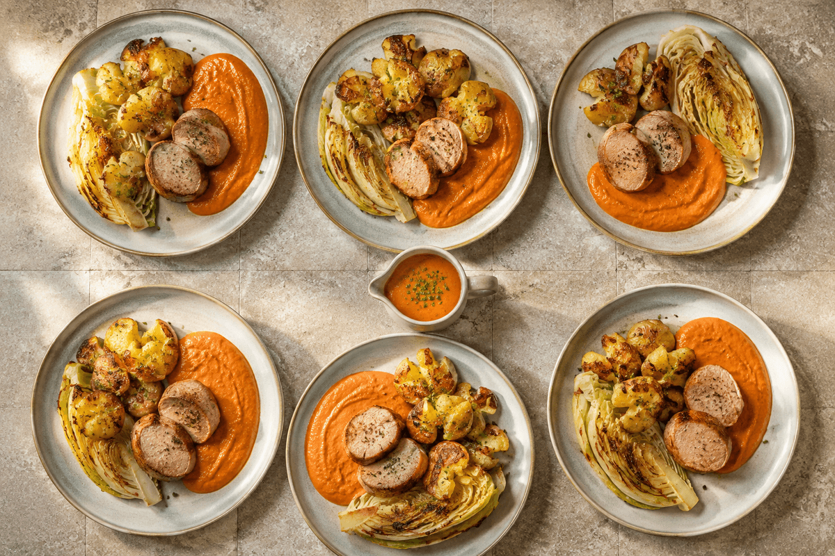 Seks tallerkener med favorit-sauce, svinemørbrad, kartofler og spidskål
