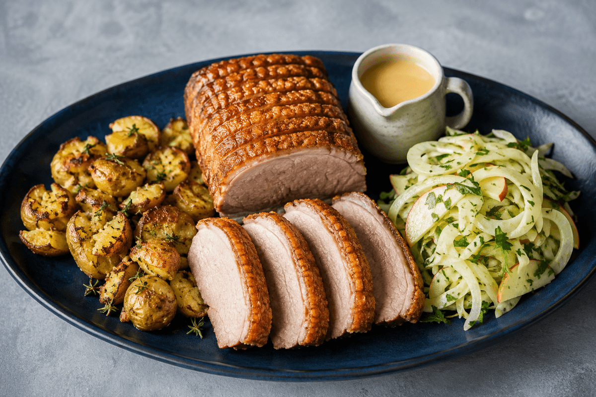 Flæskesteg i airfryer med sprød svær, knuste kartofler, fennikel-æblesalat og sennepssky