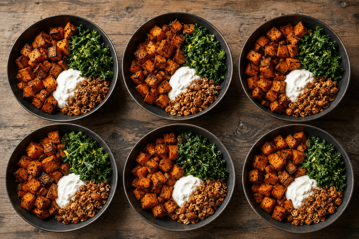 Seks skåle med salt granola, sød kartoffel, grønkål og citronyoghurt