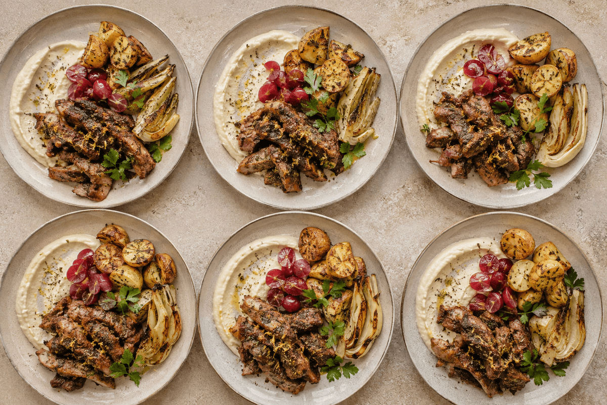 Seks gyros-tallerkener med svinenakke, citronkartofler, fennikel og hvid bønnecreme