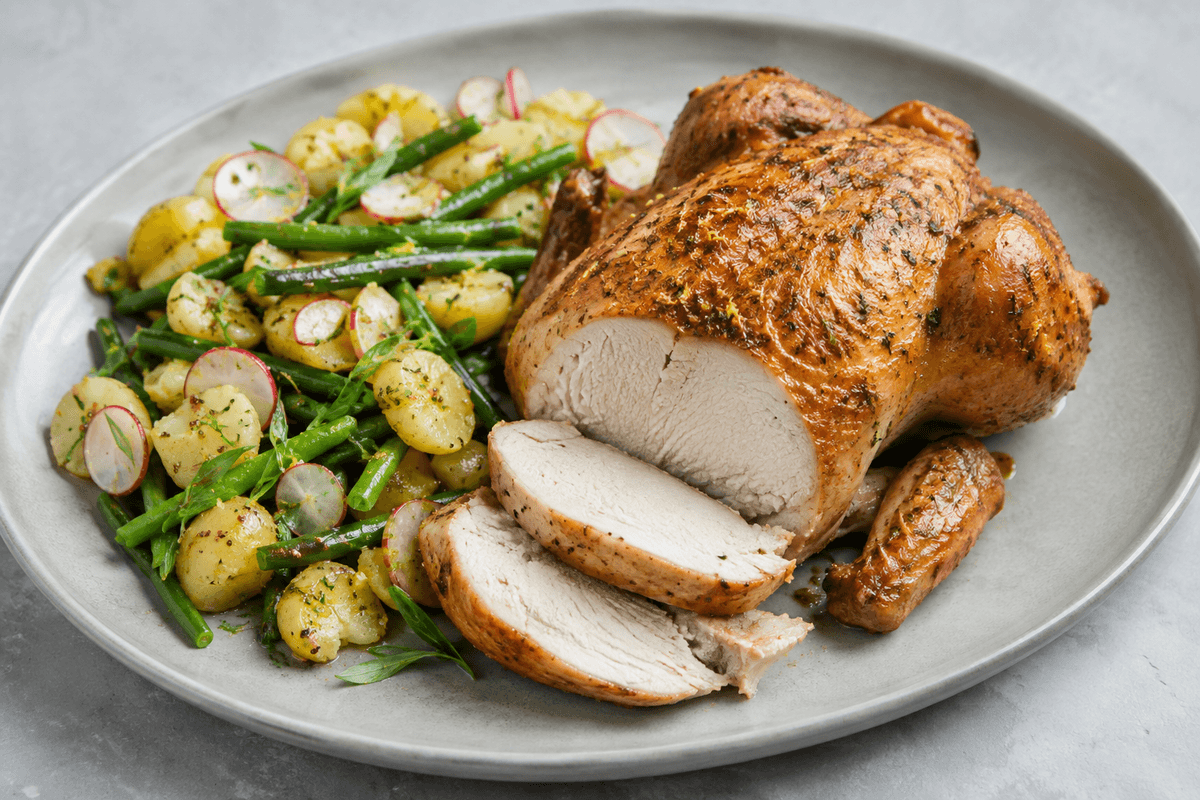 Hel kylling i airfryer med citron og estragon samt varm kartoffelsalat med grønne bønner og radiser