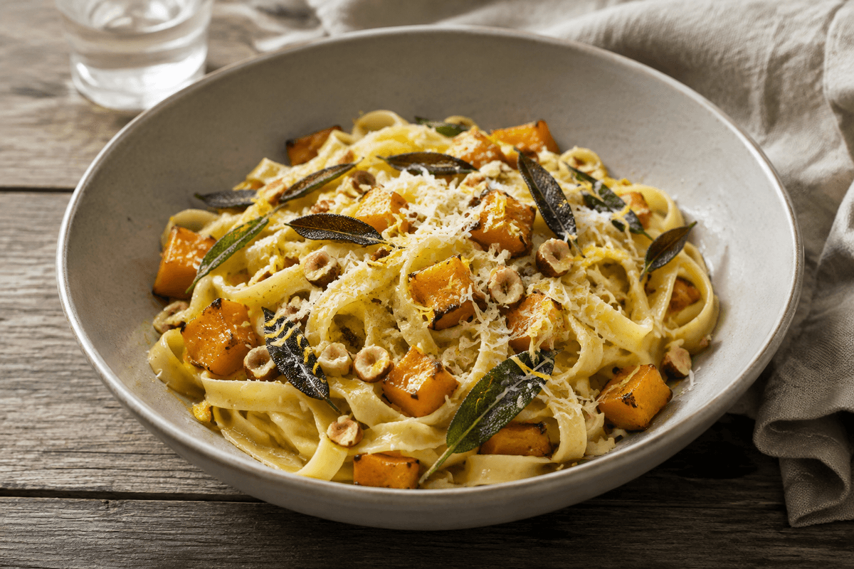 Hjemmelavet tagliatelle med salviesmør, bagt græskar, hasselnødder og parmesan