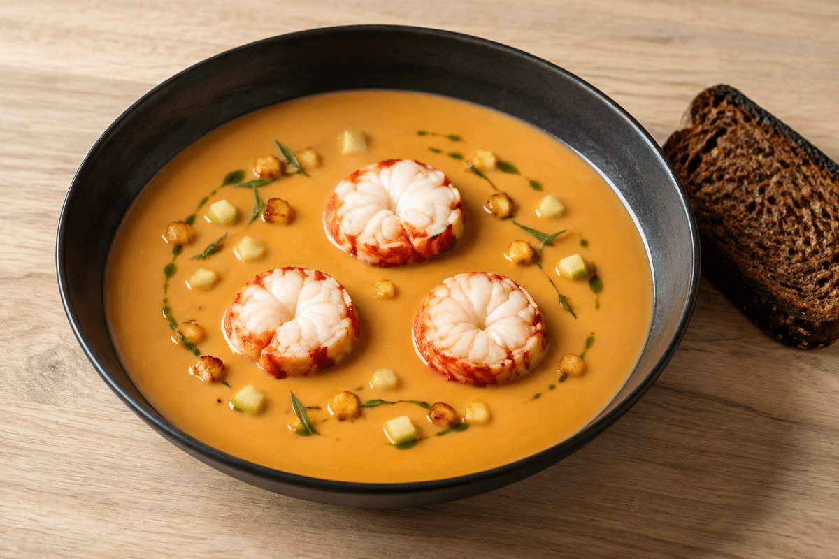 Hummersuppe med hummermedaljoner, bagt knoldselleri, æble og estragonolie