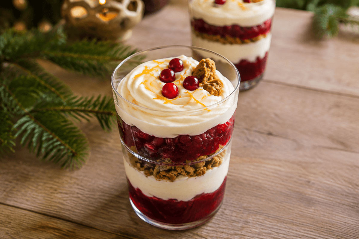 Juletrifli med appelsin-tranebærkompot, mascarponecreme og brunkageknas