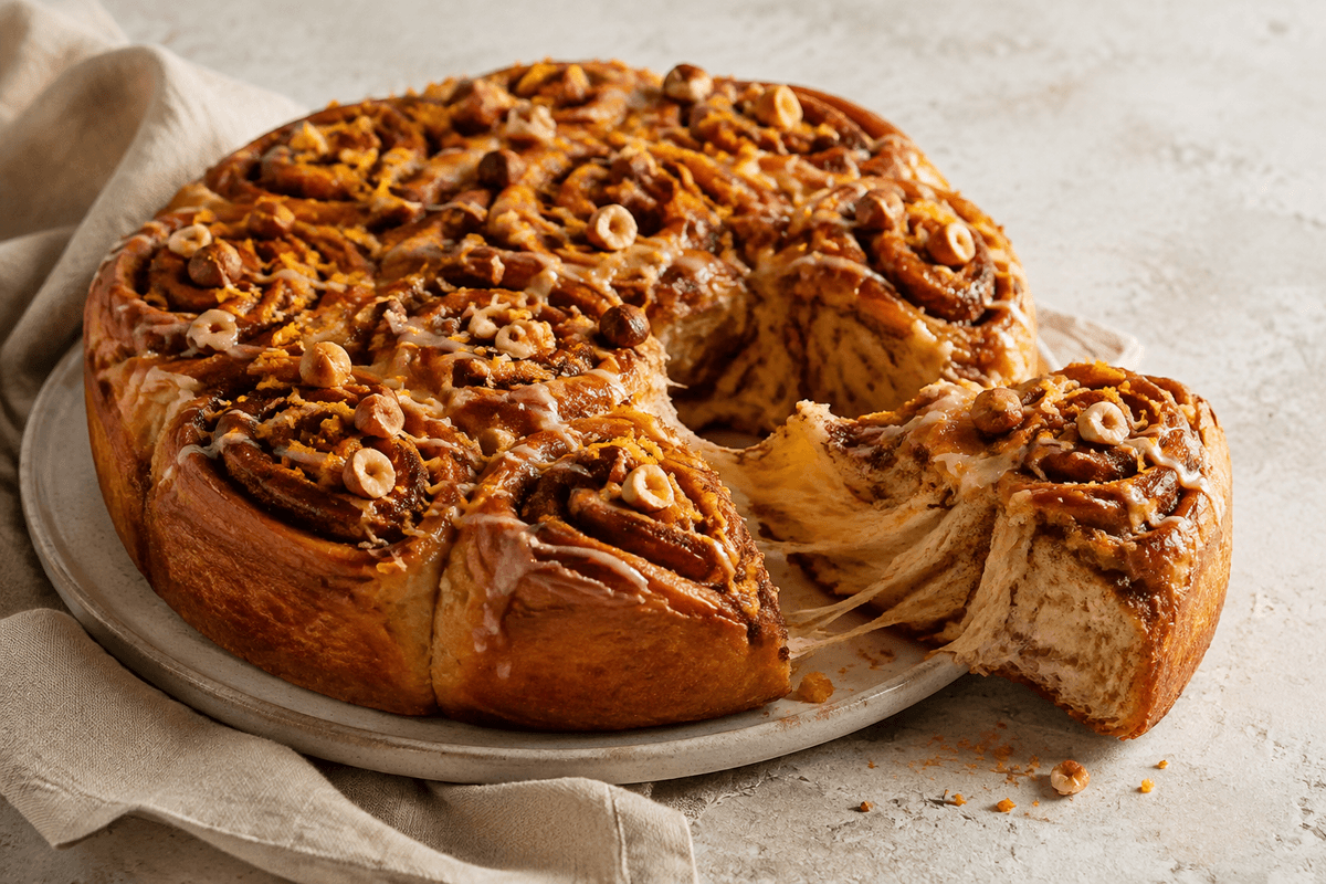 Stor kanelsneglekage med brunet smør, appelsin, hasselnødder og flødeostglasur