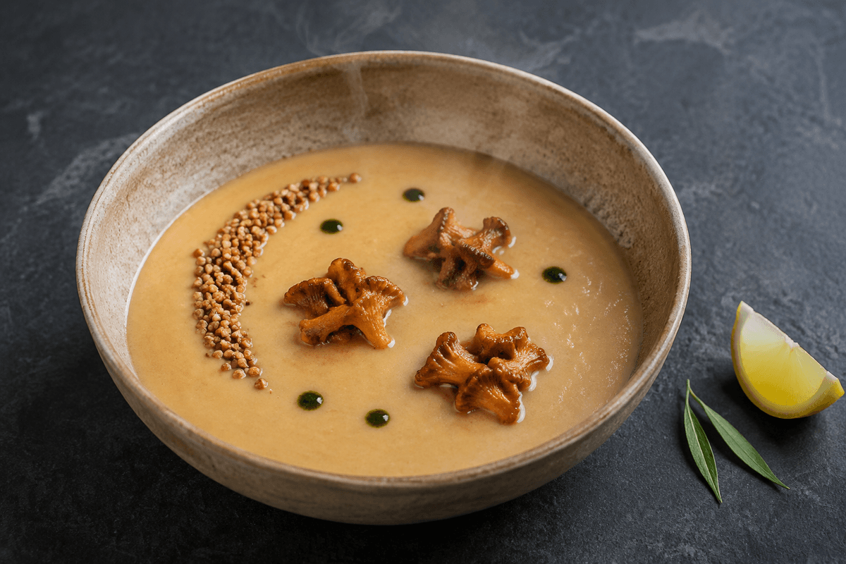 Kantarelsuppe med bagt jordskok, hvid miso, boghvede og estragonolie