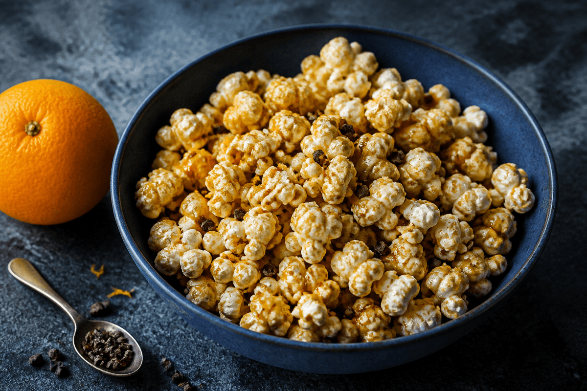 Karamelpopcorn med brunet smør, appelsinskal og kakaonibs
