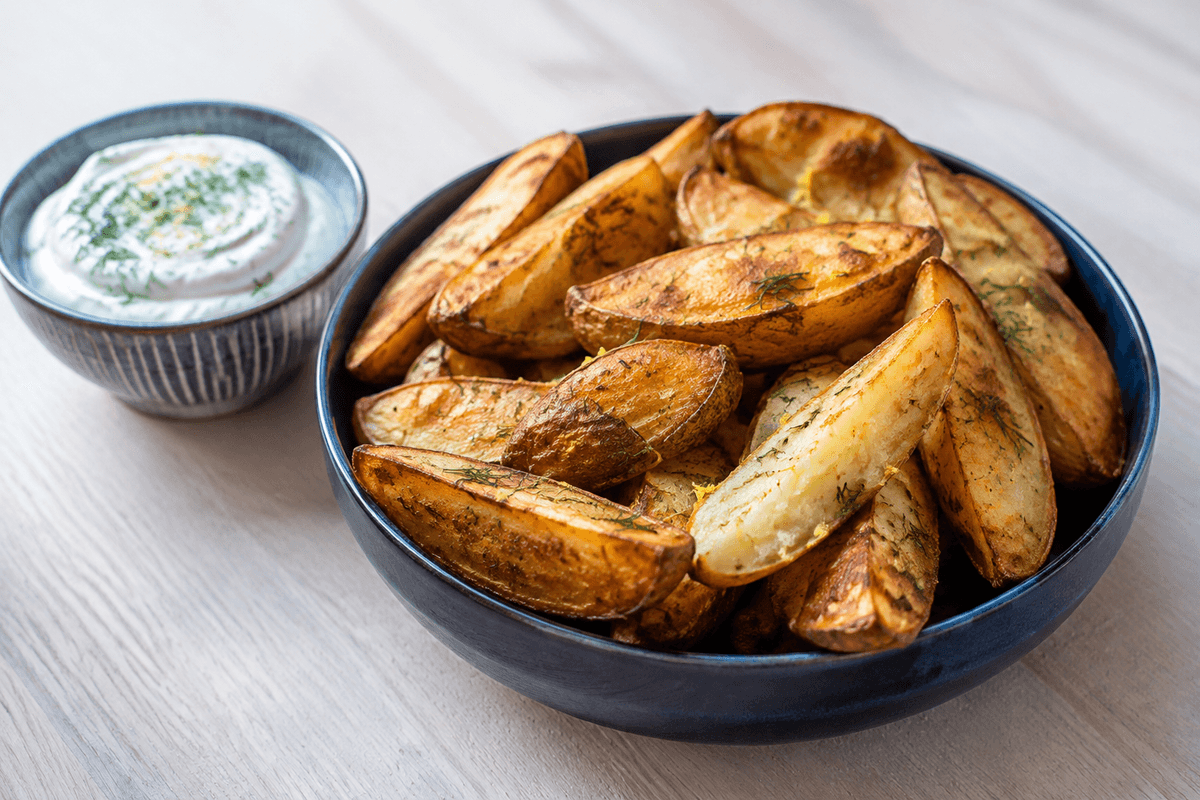 Sprøde kartoffelbåde fra airfryer med citron, dild og peberrodsskyr