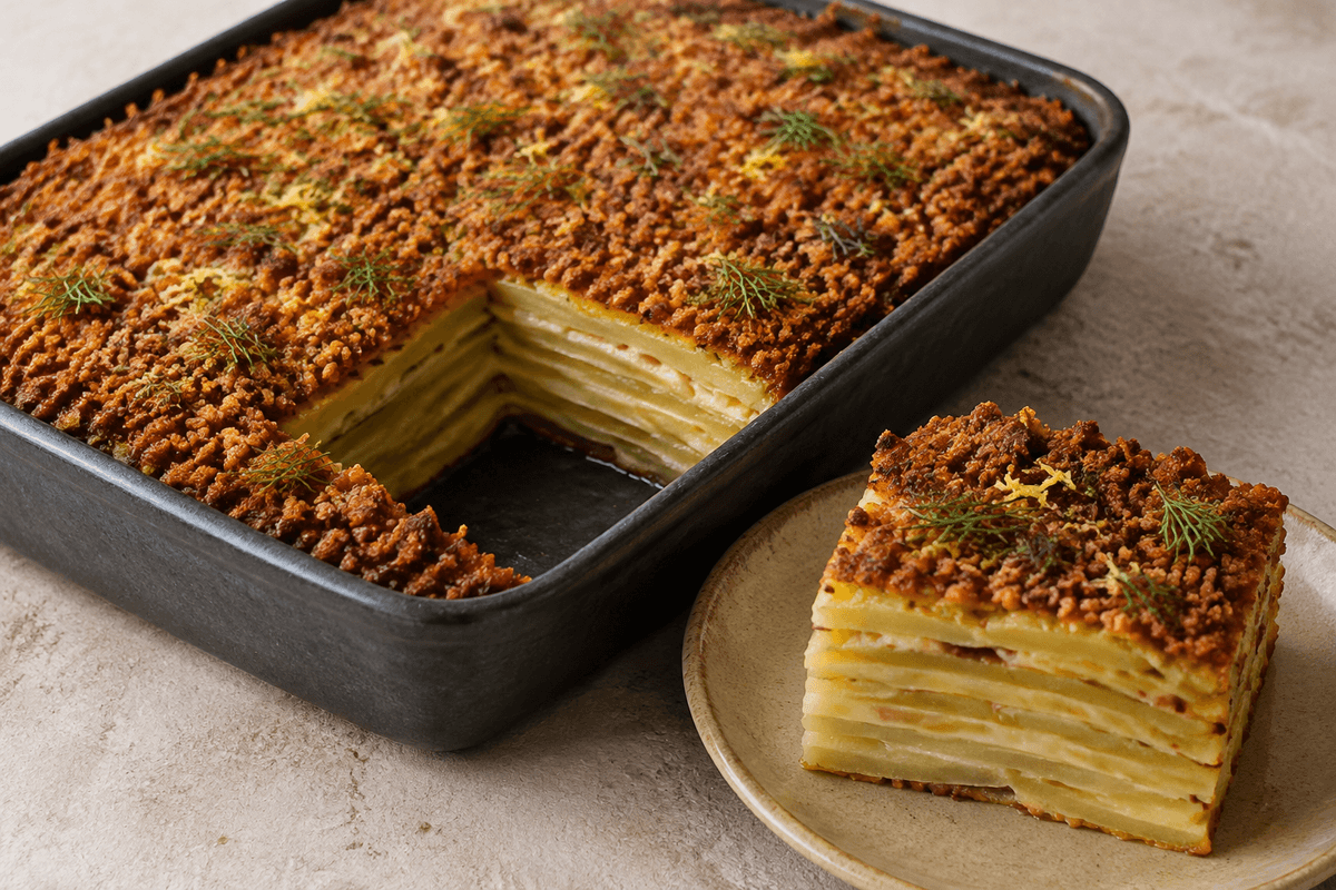 Kartoffelgratin med fennikel, hvid bønnecreme og sprød rugtop