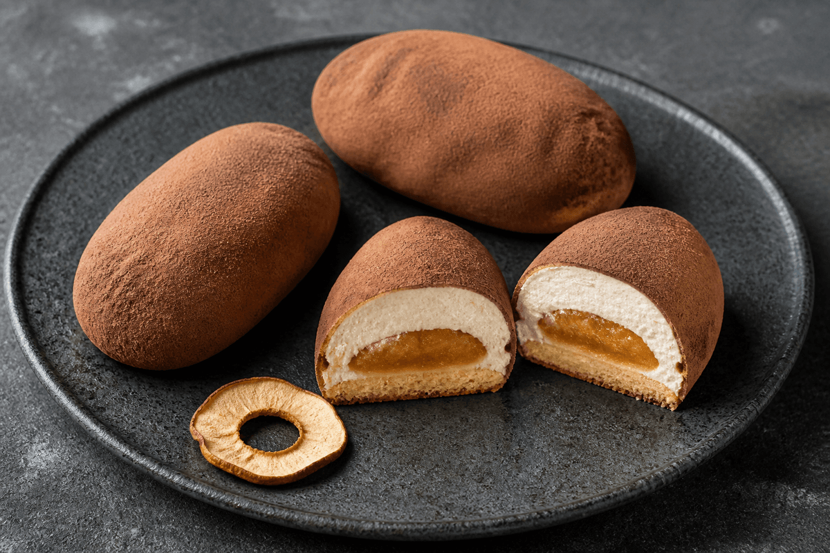 Kartoffelkager med mandelbund, æblekompot, kærnemælkscreme og kakaomarcipan