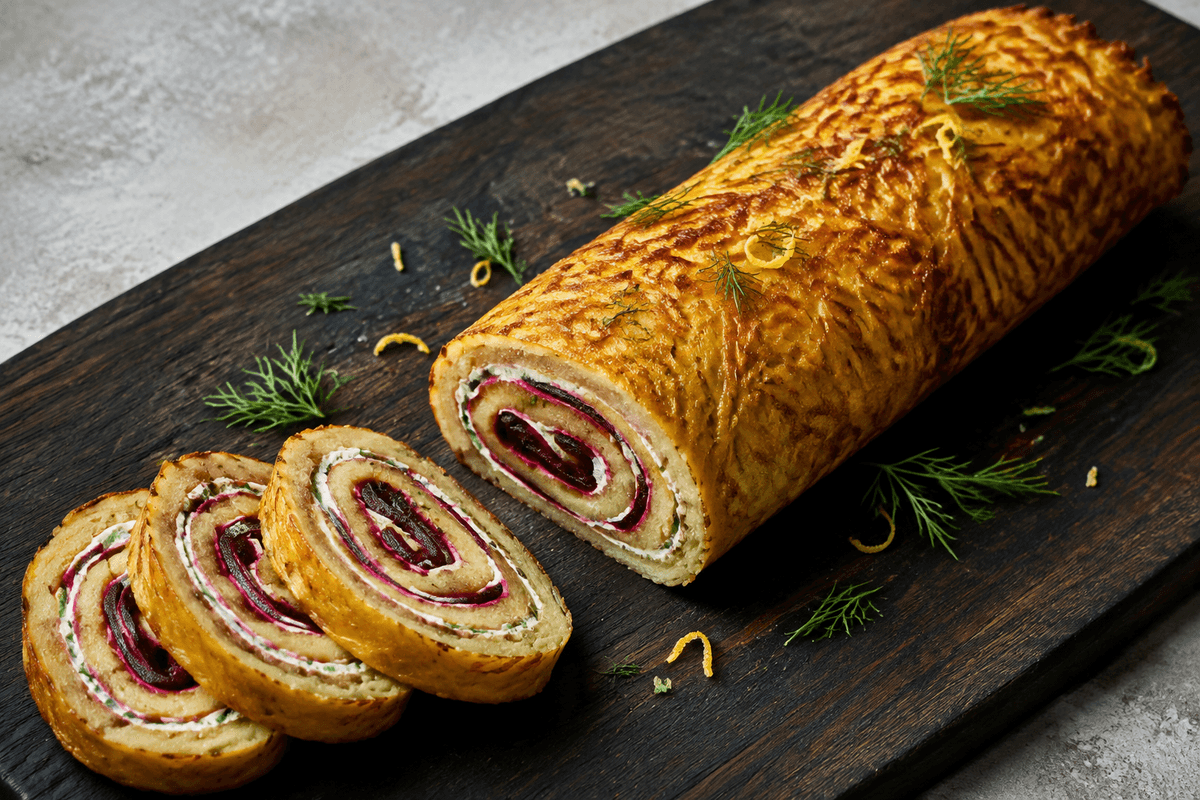 Kartoffelroulade med bagt rødbede, peberrodscreme og dild