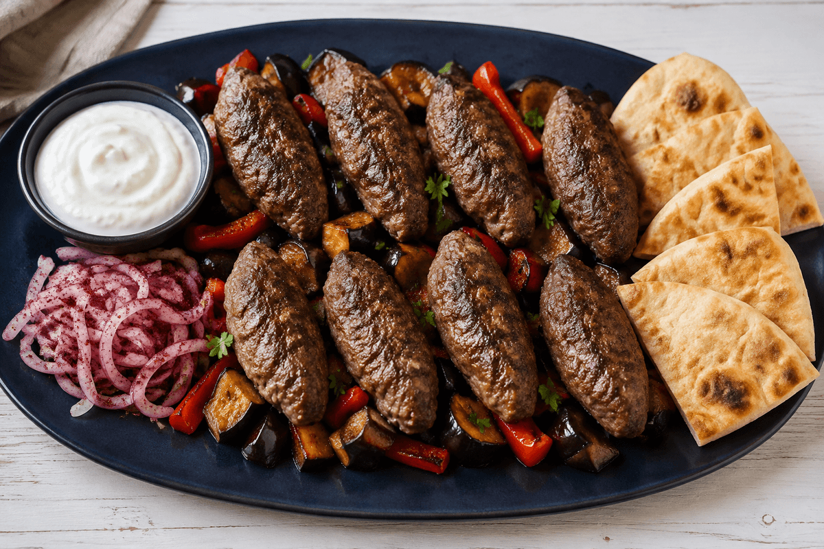 Otte oksekøds-kofte med ristet aubergine, peber, sumakløg, yoghurt og fladbrød