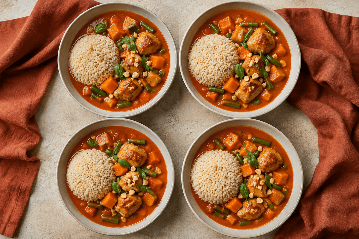 Fire tallerkener rød kokoskarry med kyllingelår, butternut og brune ris