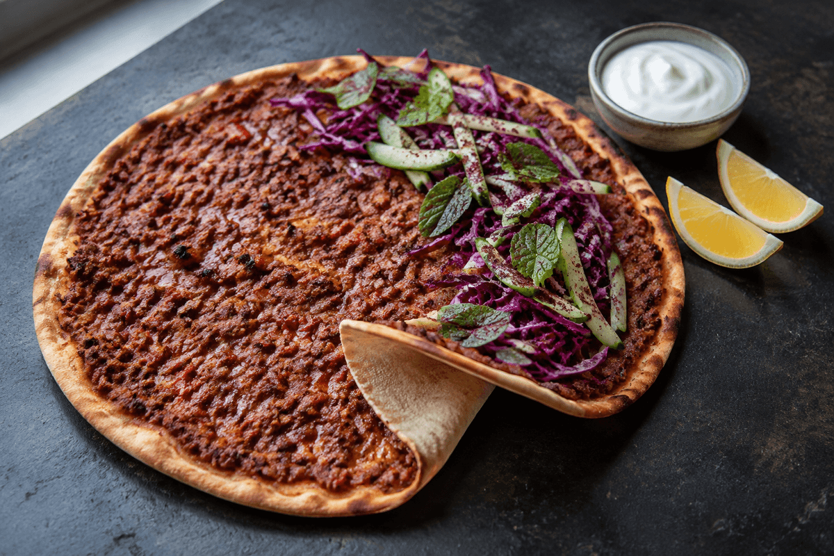 Lahmacun med lam, bagt peber, rødkål, agurk og mynte