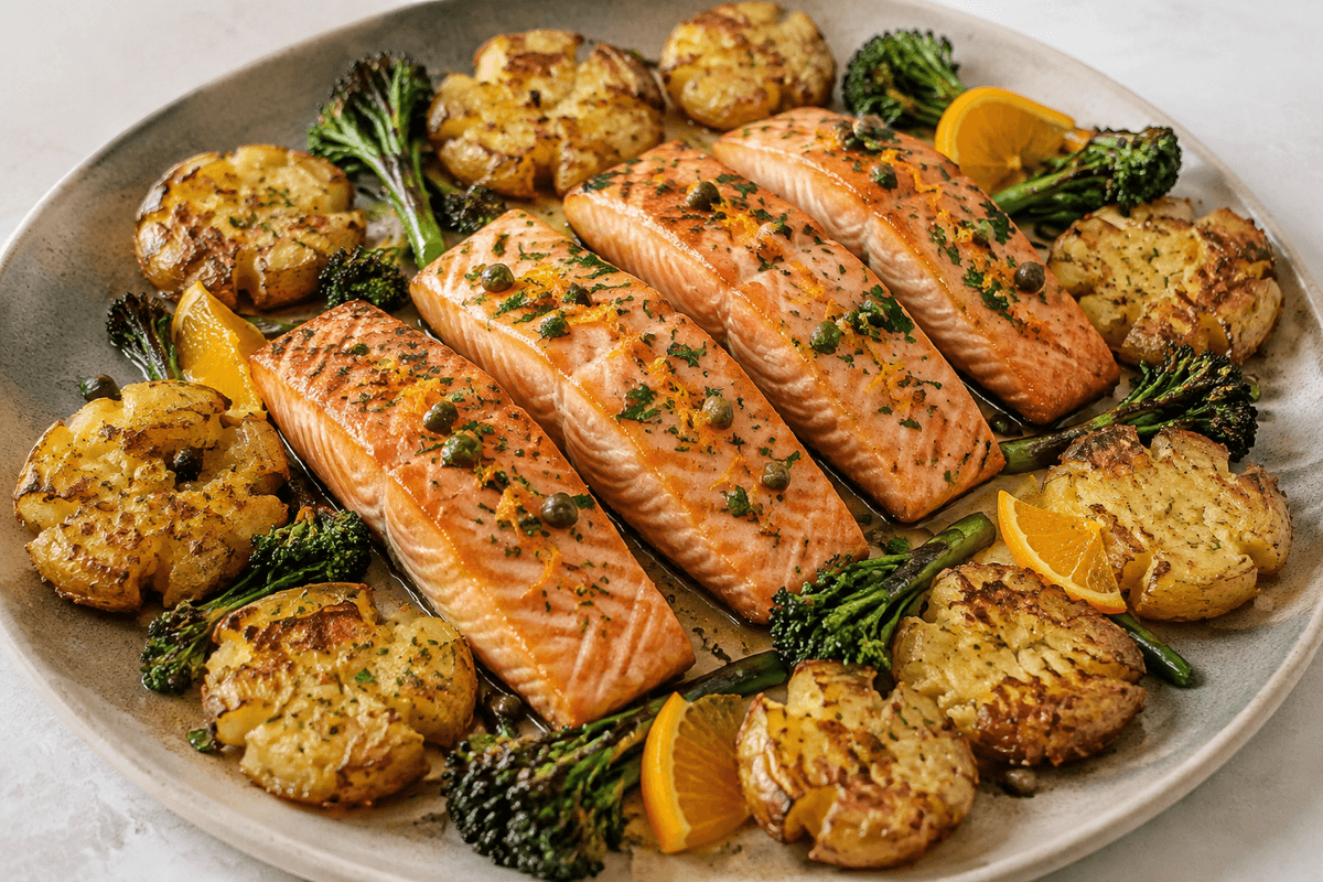 Fire ovnbagte laksefileter med appelsin, kapers og persille, sprøde knuste kartofler og broccolini