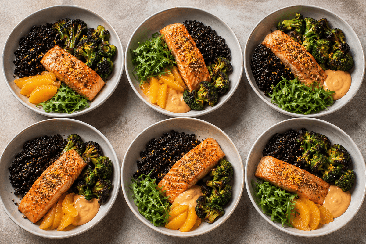 Seks laksesalater med sorte ris, ristet broccoli og appelsin-tahin