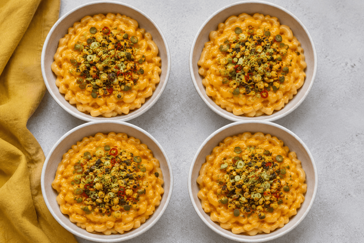 Fire skåle mac and cheese med butternut og sprød majs-limetop