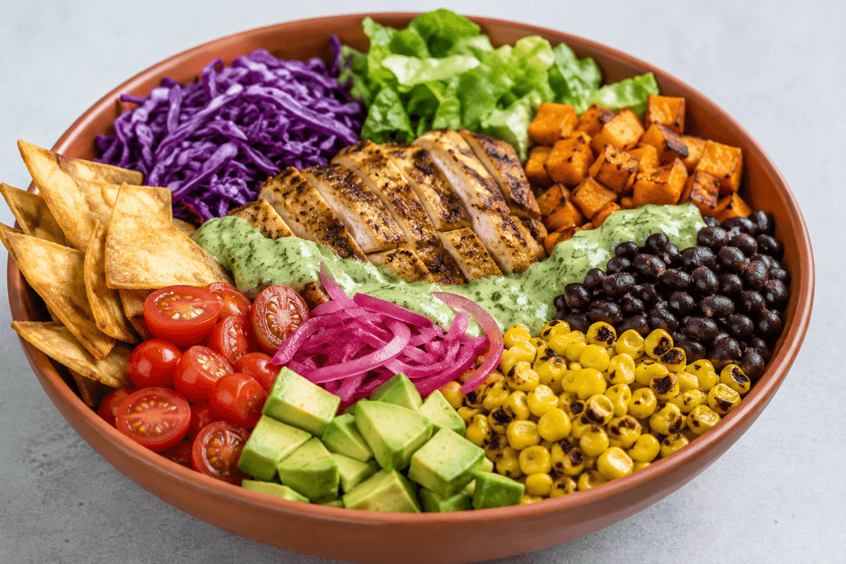 Mexicansk salat med limekylling, sød kartoffel, sorte bønner, majs, avocado og syltet rødløg