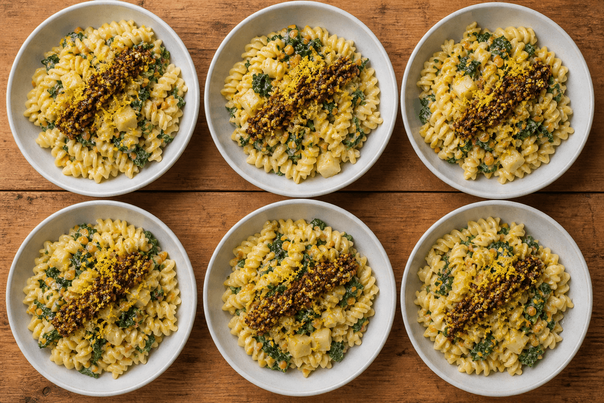 Seks skåle nem fusilli med pastinak, linser, grønkål og rugknas