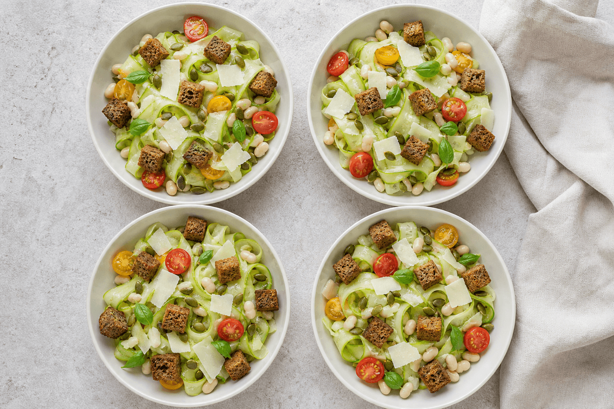 Fire skåle nem squashsalat med bønner og rugcroutoner