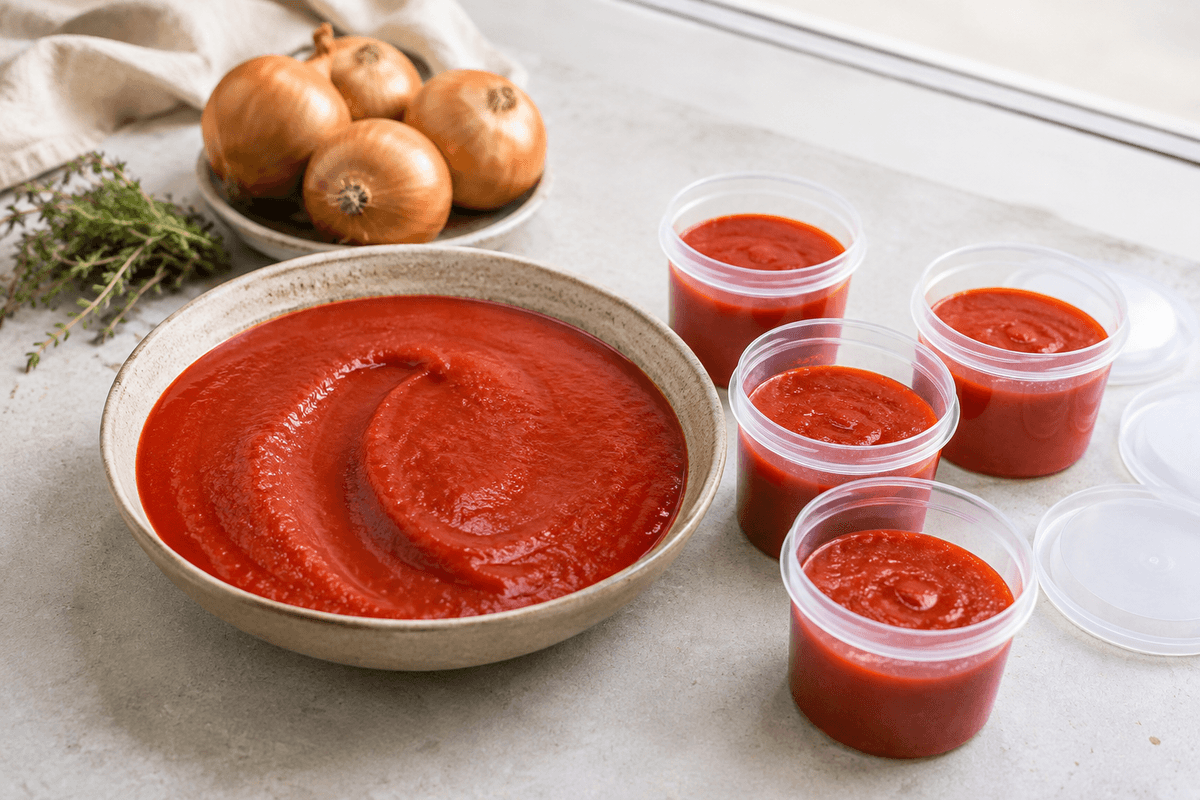 Glat tomatsovs i en skål med fire portionsbeholdere, gyldne løg og timian