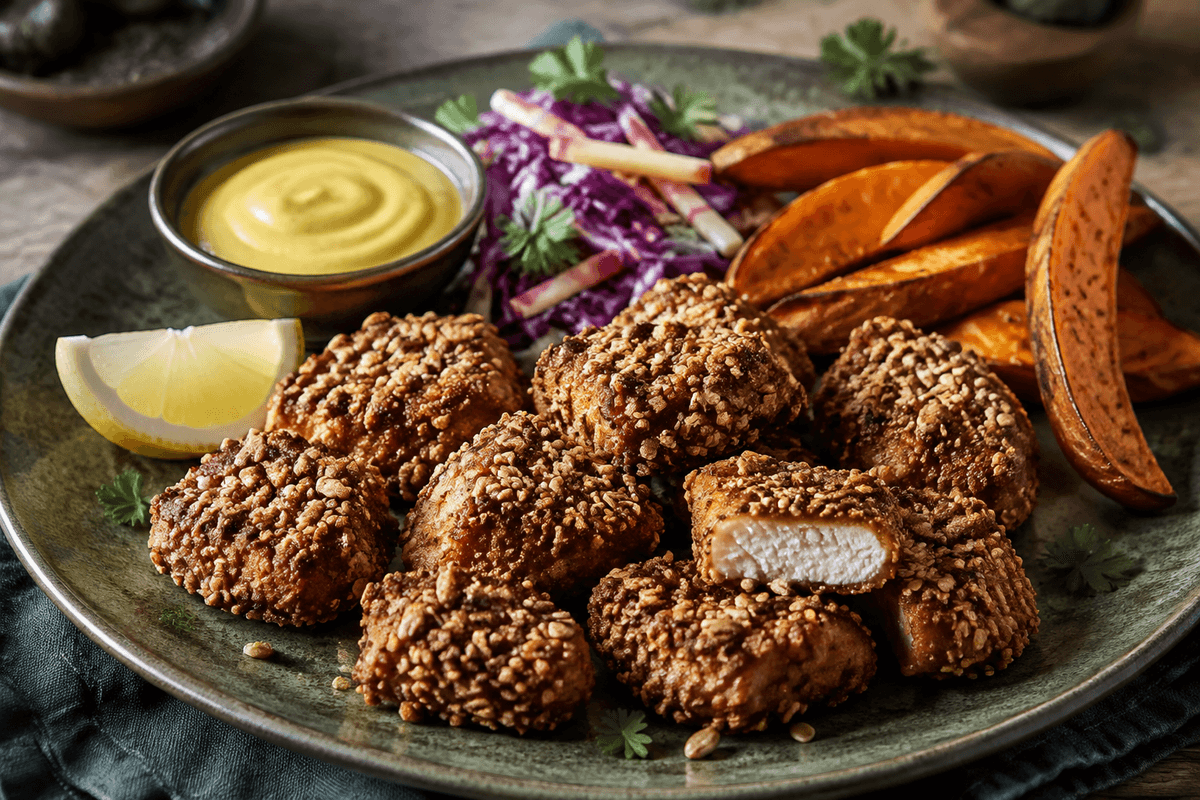 Airfryer-kyllingenuggets med rug- og sesamskorpe, søde kartofler, kålslaw og æble-karrydip