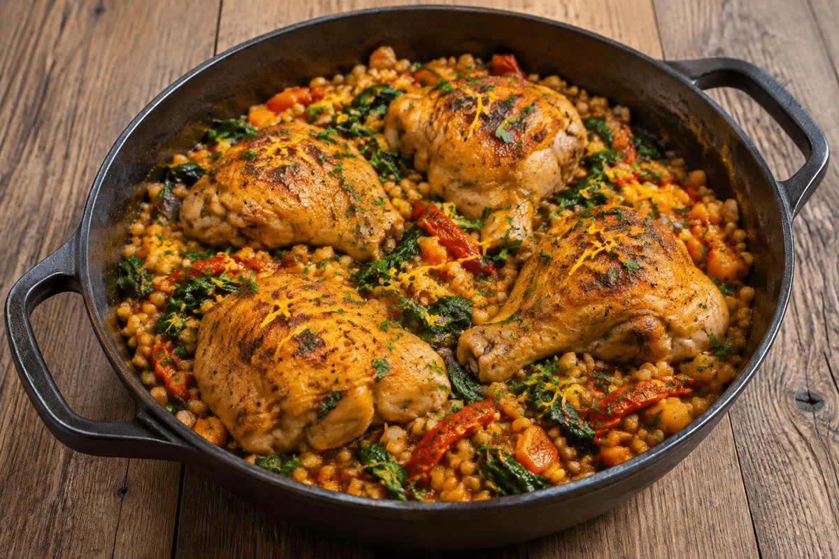 One-pot med fire kyllingelår, perlecouscous, bagt peber og spinat