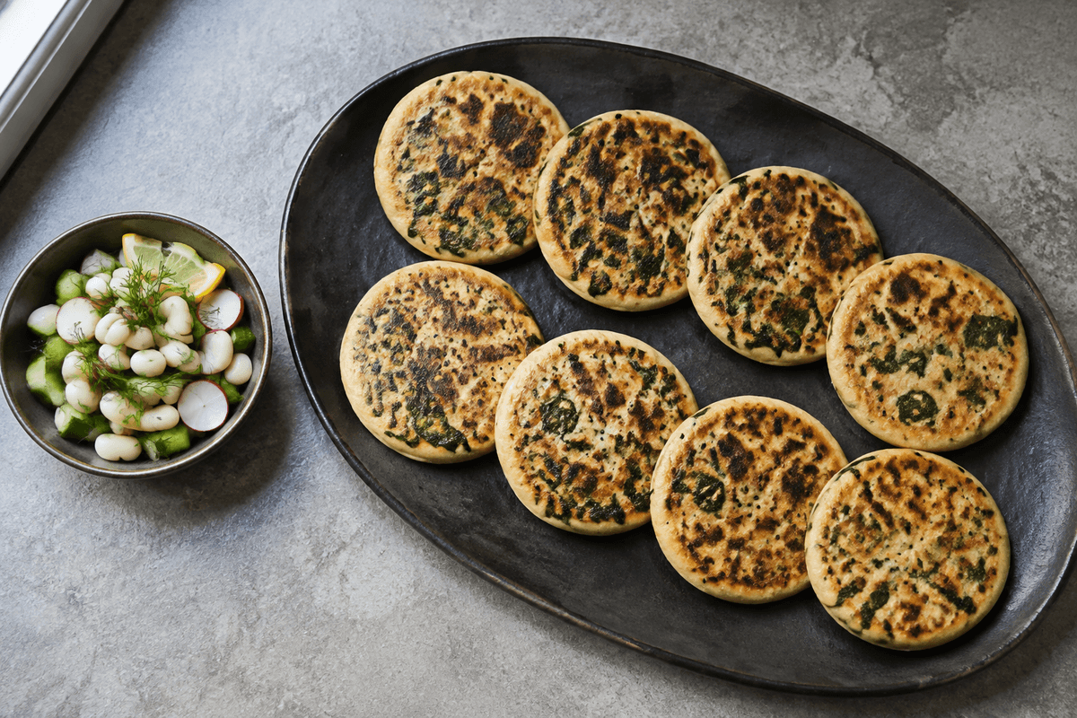Otte pandebrød med kikærtemel, spinat og nigella samt hvid bønnesalat