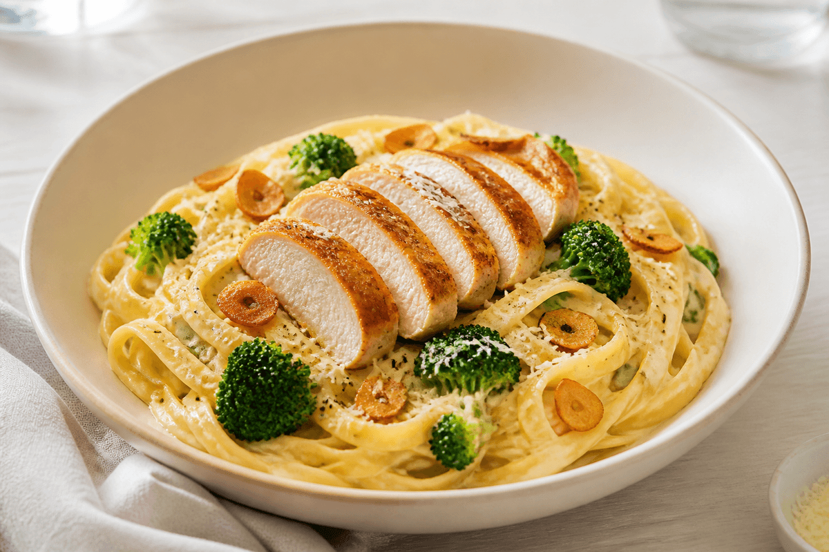 Pasta Alfredo med skiveskåret kylling, broccoli og ristede hvidløgschips