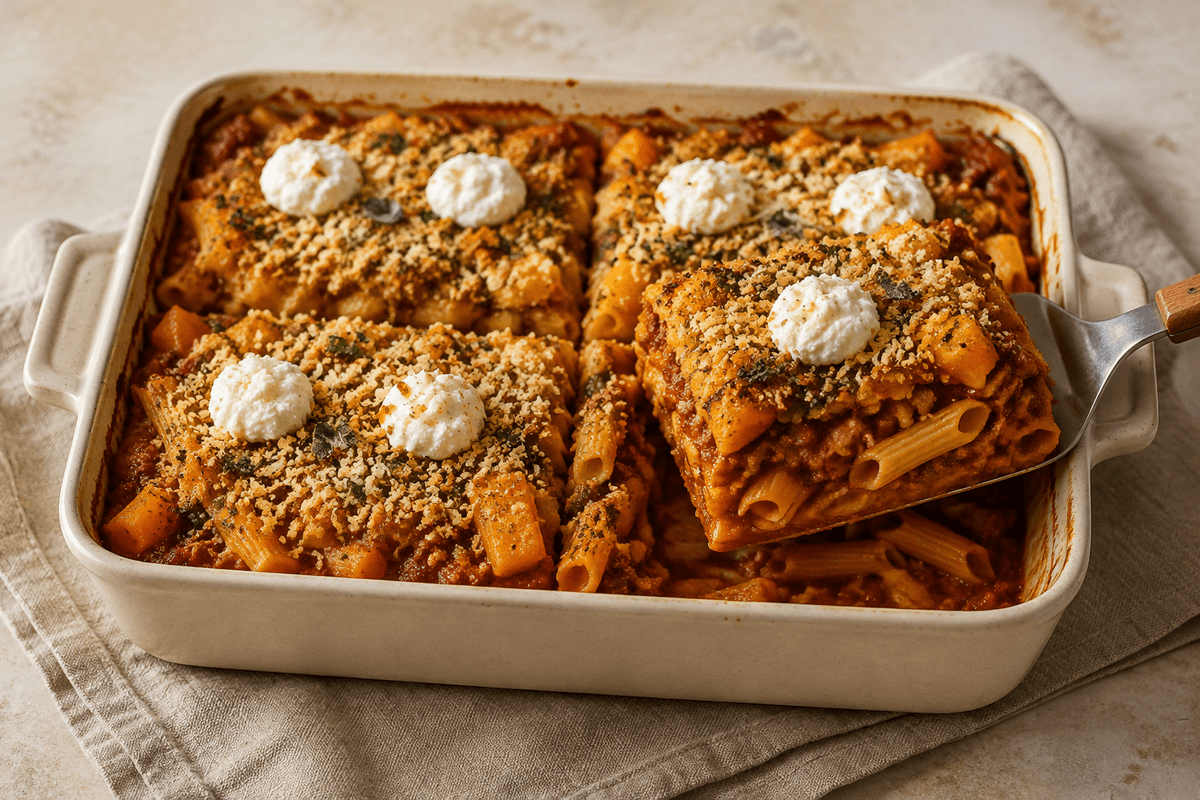 Pasta bolognese i fad med græskar, ricotta og citronknas