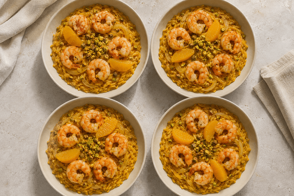 Ovnbagt orzo med tigerrejer, fennikel, appelsin og pistacie