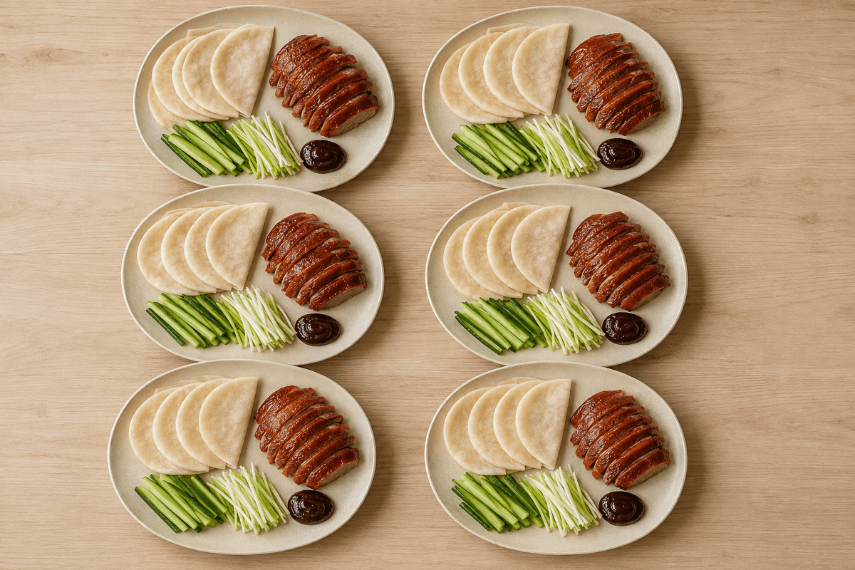 Seks portioner Pekingand-inspireret and med pandekager og blommesauce