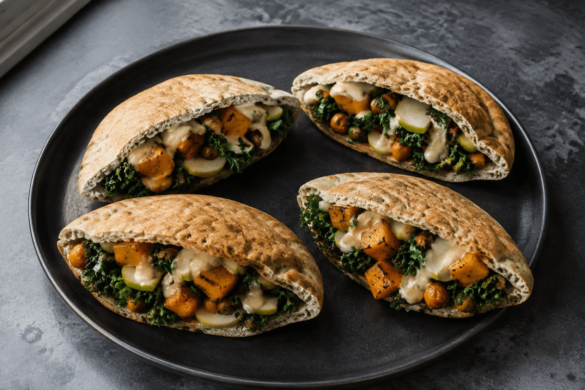 Fire pizzasandwiches med butternut, kikærter, grønkål, pære og tahini