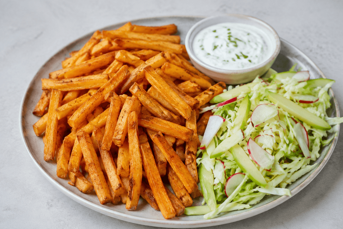 Gyldne pommes frites fra airfryer med citronpeber, purløgsskyr og sprød kålsalat med æble og radise
