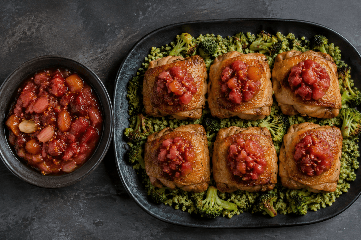 Rabarberchutney med seks kyllingeoverlår, quinoa og broccoli