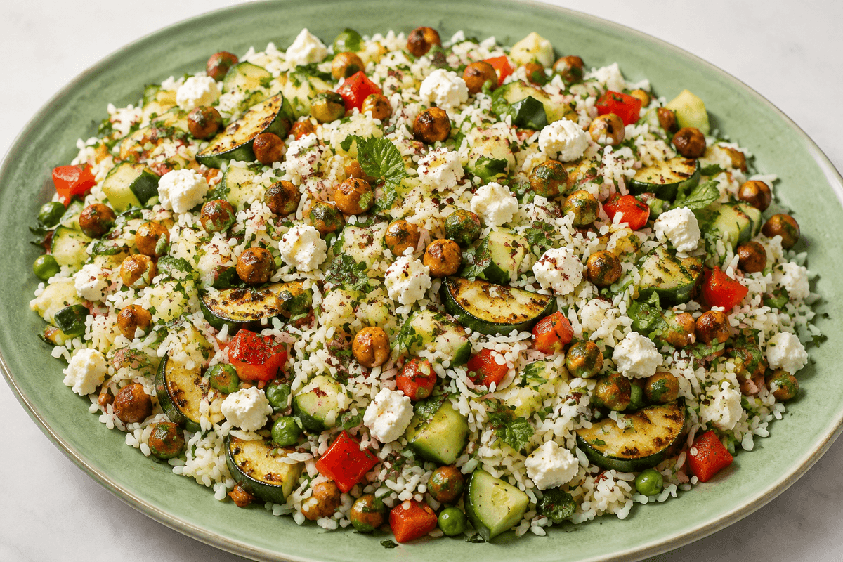 Farverig rissalat med ristede kikærter, courgette, peberfrugt, agurk, ærter, feta, urter og sumak