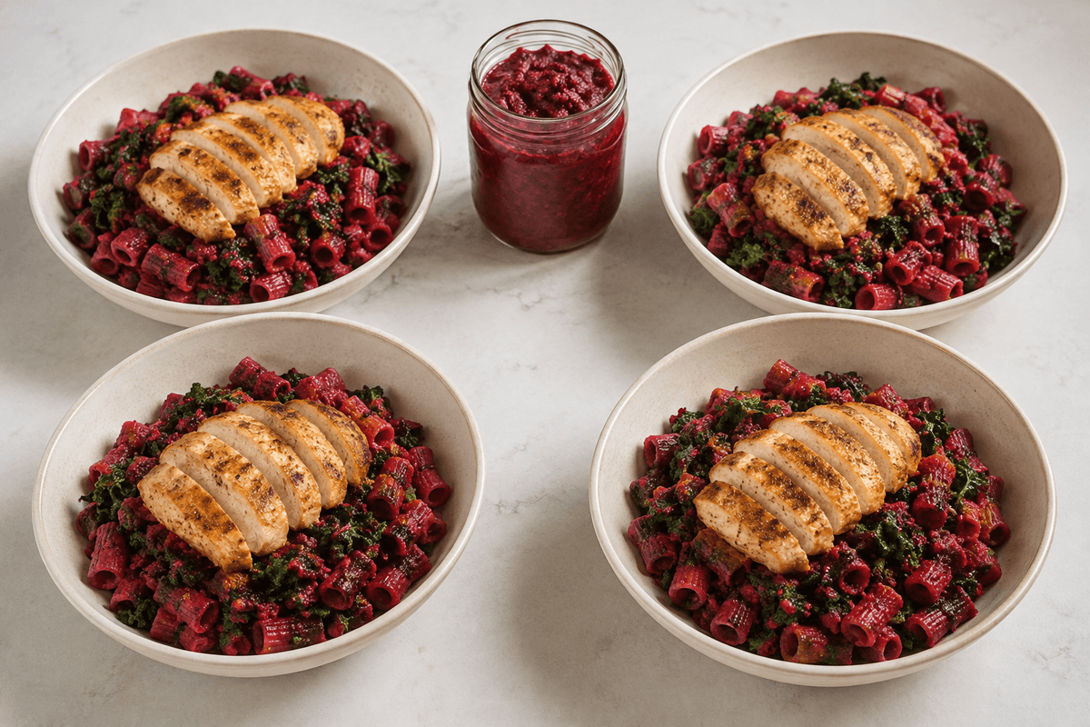 Rød rødbedepesto med rigatoni, grønkål og fire kyllingebryster